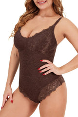 Elegant Cocoa Lace Deep V Slimming Tummy Control Bodysuit