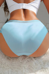 Blue Ribbed Lace-Trimmed High-Waist Panties