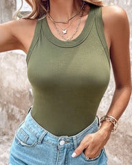Round Neck Built-in Bra Ribbed Tank Top