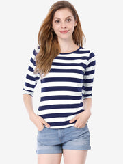 Striped 3/4 Sleeve Round Neck Casual T-Shirt