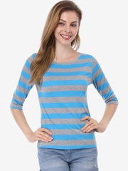 Striped 3/4 Sleeve Round Neck Casual T-Shirt
