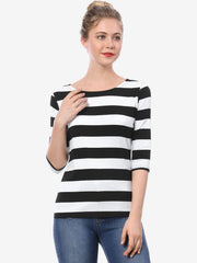 Striped 3/4 Sleeve Casual Basic Boat Neck T-shirt