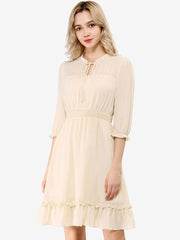 Ruffle Hem 3/4 Sleeve A-Line Smocked Midi Chiffon Dress