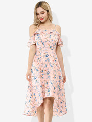Spaghetti Strap Asymmetrical High Low Floral A-Line Midi Dress