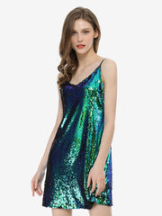 Glitter Sequin V Neck Spaghetti Strap Mini Party Dress