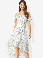 Spaghetti Strap Asymmetrical High Low Floral A-Line Midi Dress