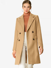 Notch Lapel Double Breasted Belted Mid Long Outwear Winter Coat