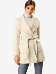 Shawl Collar Lapel Double Breasted Winter Belted Coat with Pockets