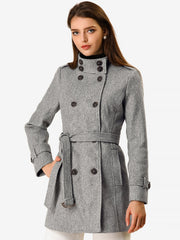 Stand Collar Double Breasted Trendy Belted Winter Coat