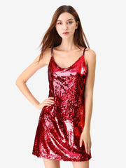 Glitter Sequin V Neck Spaghetti Strap Mini Party Dress
