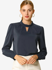 Keyhole Elegant Stand Collar Long Sleeve Chiffon Office Blouse