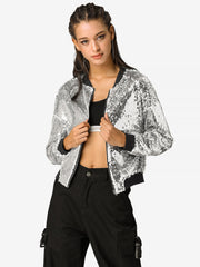 Sequin Sparkle Party Long Sleeve Zipper Bomber Jacket