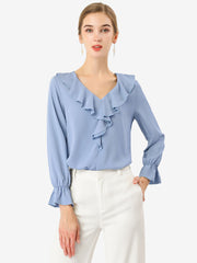Ruffle Neck Gathered Cuff Long Sleeves Blouse