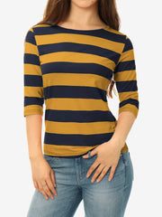 Striped 3/4 Sleeve Casual Basic Boat Neck T-shirt