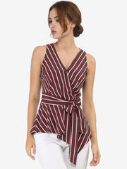 Sleeveless V Neck Tie Waist Asymmetric Hem Wrap Peplum Top