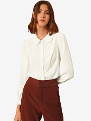 Peter Pan Collar Chiffon Bow Tie Neck Puff Sleeve Button Blouse