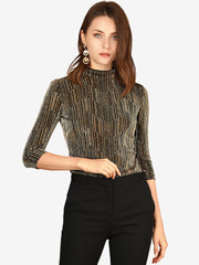 Party Glitter 3/4 Sleeve Shiny Striped Metallic Tops