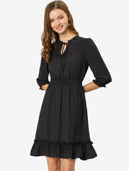Ruffle Hem 3/4 Sleeve A-Line Smocked Midi Chiffon Dress