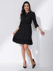 Ruffle Hem 3/4 Sleeve A-Line Smocked Midi Chiffon Dress