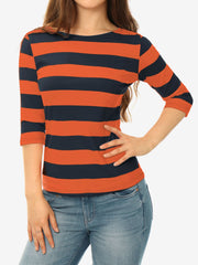 Striped 3/4 Sleeve Casual Basic Boat Neck T-shirt