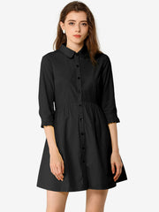 Ruched 3/4 Sleeve Button Up Casual Mini Shirt Dress