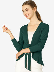 Women's Tie Front Knit Ruffled Long Sleeve Open Cardigan