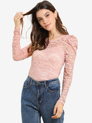 Retro Lace Semi Sheer Puff Long Sleeve Embroidery Blouse