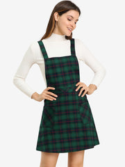 Plaid Tartan Button Decor A-Line Pinafore Overall Dress