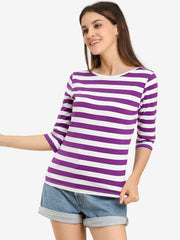 3/4 Sleeve Round Neck Casual Striped T-Shirt