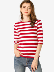Striped 3/4 Sleeve Round Neck Casual T-Shirt
