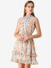 Floral A-line Smocked Waist Tiered Ruffled Chiffon Mini Dress