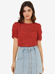 Floral Crew Neck Ruched Sleeve Casual Blouse