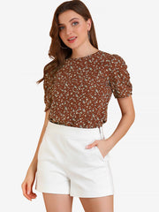 Floral Crew Neck Ruched Sleeve Casual Blouse