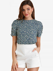 Floral Crew Neck Ruched Sleeve Casual Blouse