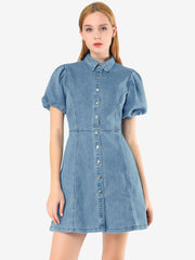 Denim Puff Short Sleeve Collared Button Down Mini Dress