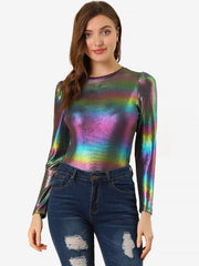 Long Sleeve Sparkly Party Glitter Shiny Metallic Blouse