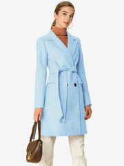 Notch Lapel Double Breasted Belted Mid Long Outwear Winter Coat