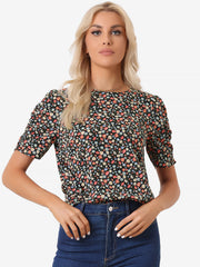 Floral Crew Neck Ruched Sleeve Casual Blouse
