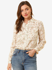 Button Down Floral Shirt Blouse Long Sleeve Point Collar Top