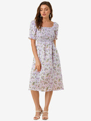 Square Neck Puff Sleeve Shirred Floral Casual Midi Dress