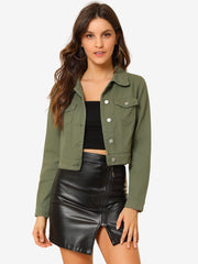Button Down Long Sleeve Casual Cropped Denim Jacket