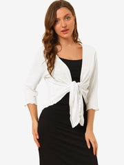 Open Front Knit Cardigan Tied 3/4 Sleeve Bolero Shrug