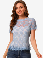 Lace Floral Scalloped Trim Short Sleeve Semi Sheer Blouse