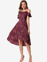 Spaghetti Strap Asymmetrical High Low Floral A-Line Midi Dress