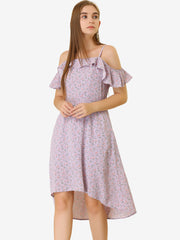 Spaghetti Strap Asymmetrical High Low Floral A-Line Midi Dress