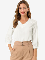 Casual Office Blouse 3/4 Sleeve V Neck Satin Shirt