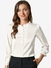 Ruffle Neck Bubble Sleeve Elastic Cuff Button Satin Blouse