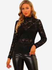 See Through Long Sleeve Turtleneck Sheer Floral Lace Blouse