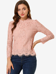 Lace Long Sleeve Ruffle Stand Neck Floral Blouse