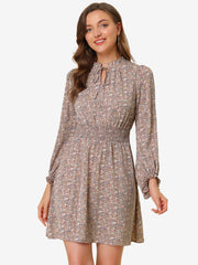 Smocked Waist Tie Neck Floral Long Sleeve Dress
